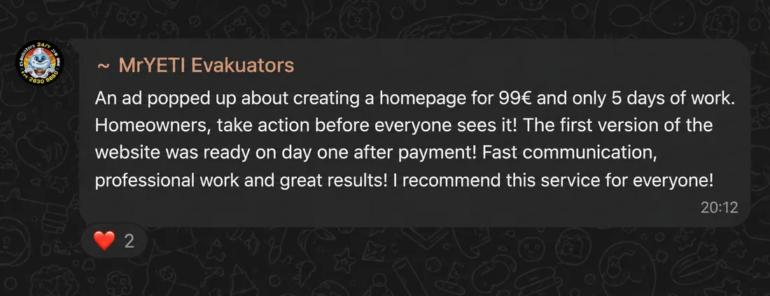 WhatsApp review from MrYETI Evakuators: website ready on day one, fast communication, highly recommend